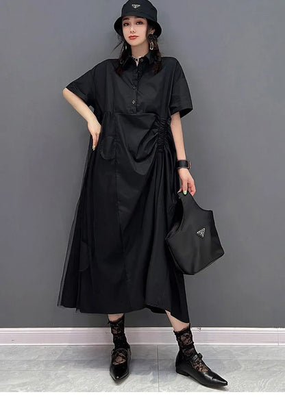 Black Peter Pan Collar Cinched Button Tulle Patchwork Maxi Dresses Short Sleeve
