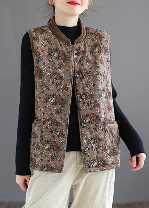 Brown Stand Collar Print Fine Cotton Filled Vest Sleeveless
