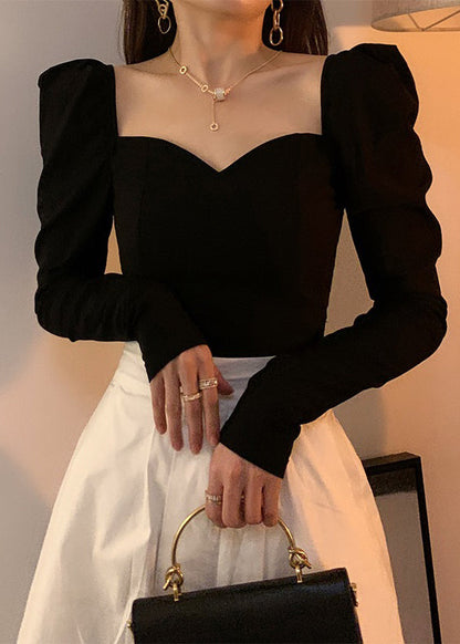 Slim Fit Black Asymmetrical Cotton T Shirt Long Sleeve