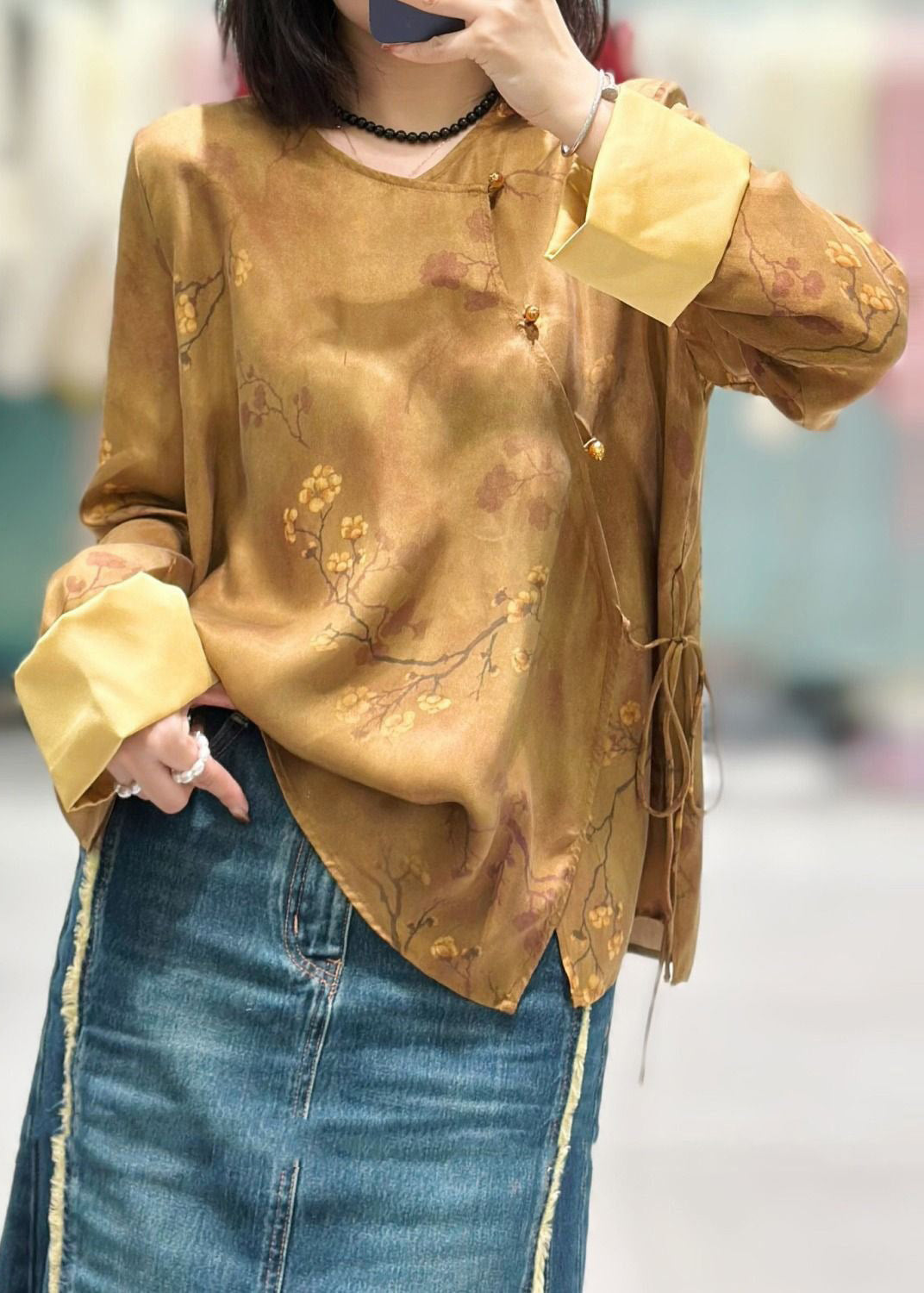Chinese Style Yellow Button Print Lace Up Silk Shirt Long Sleeve