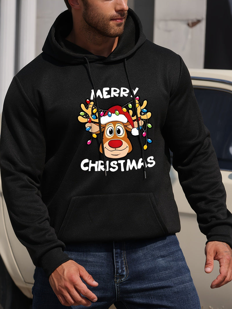 Christmas Hoodie with Reindeer Print Polyester Merry Christmas Design