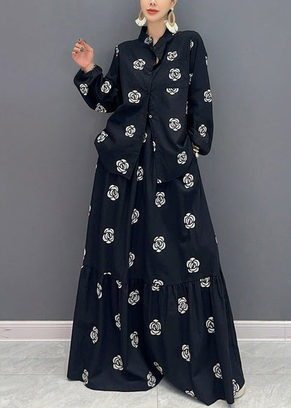 Boutique Black Stand Collar Print Patchwork Cotton Two-piece Set Fall