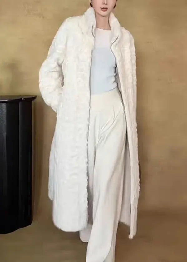 New White Stand Collar Zippered Wear on Both Sides Fuzzy Fur Long Coat Winter