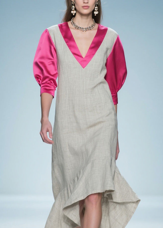 Colorblock Ruffled Patchwork Linen Silk Long Dress Summer