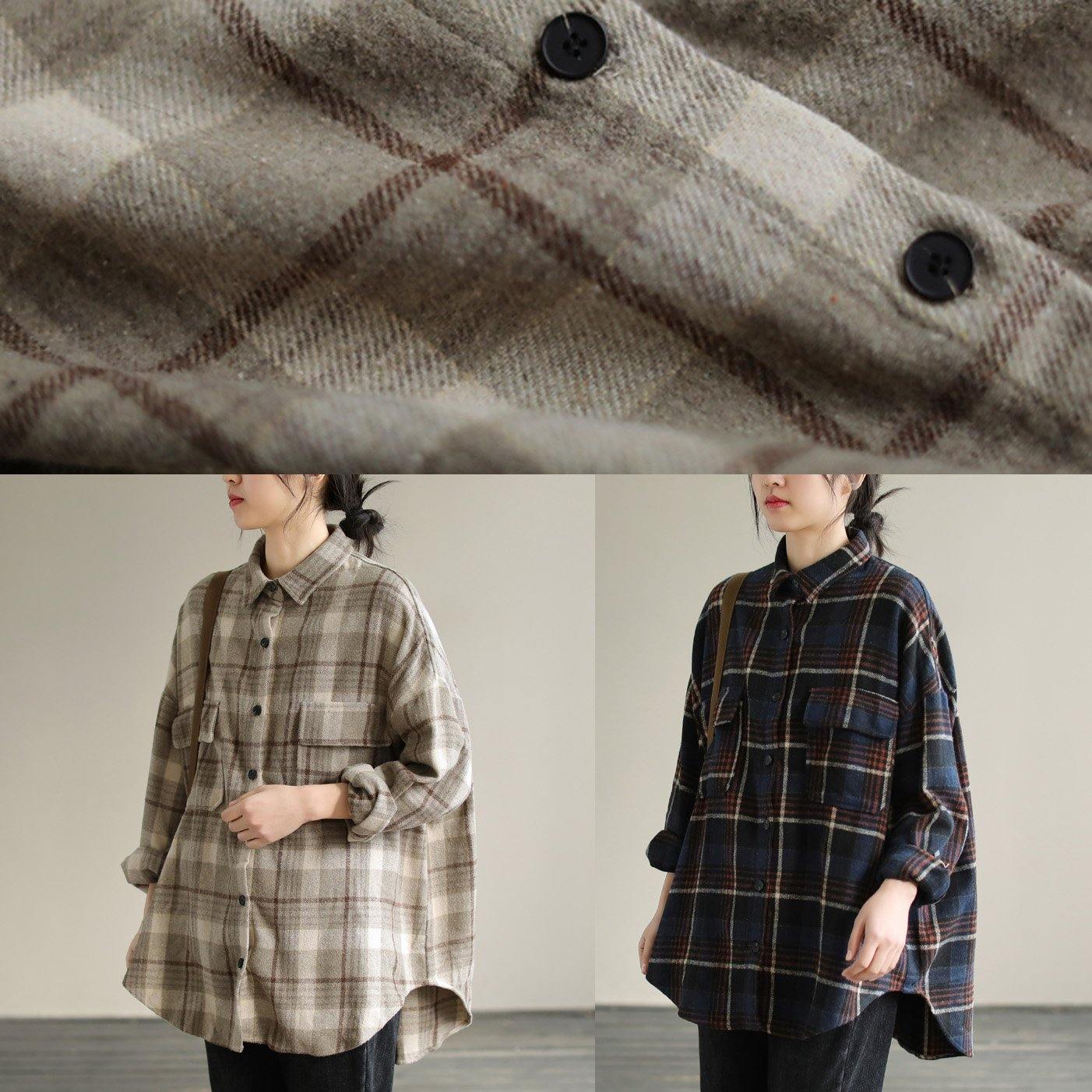 Navy Plaid Tunic Pattern Lapel Patchwork Knee Spring Top