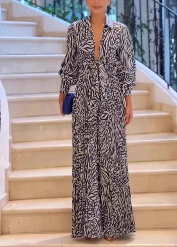 V Neck Print Wide Leg Jumpsuit Spring