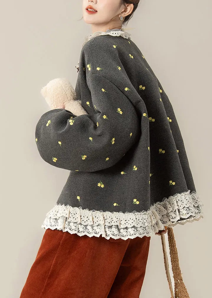 French Grey Print Lace Patchwork Fine Cotton Filled Coats Winter