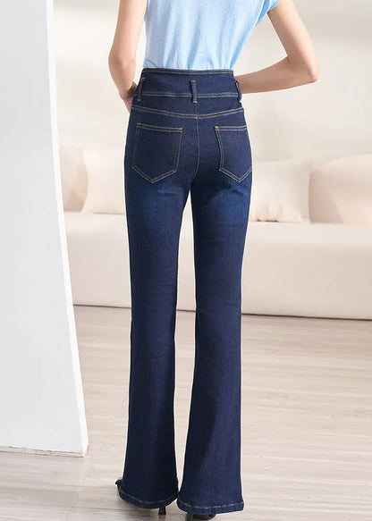 Slim Fit Navy Button High Waist Denim Flare Bottoms Fall