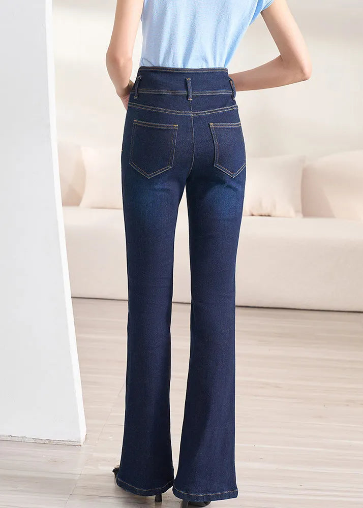Slim Fit Navy Button High Waist Denim Flare Bottoms Fall