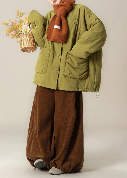Green Button Cotton Filled Coat and Coffee Drawstring Pants Winter Two Pieces Set O Neck