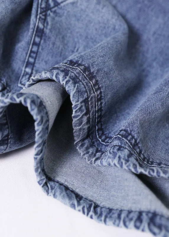 Denim Blue Cotton Tops and Shorts Two Piece Set Outfits Hooded Drawstring Summer