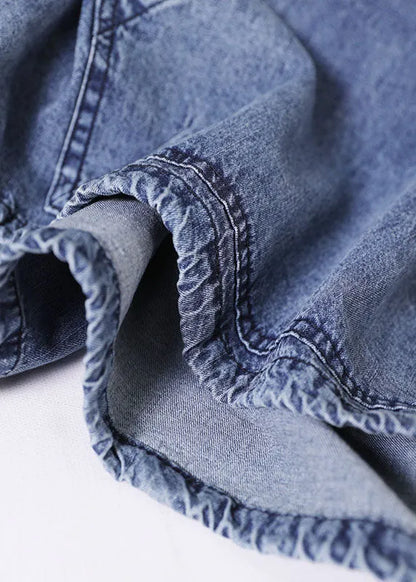 Denim Blue Cotton Tops and Shorts Two Piece Set Outfits Hooded Drawstring Summer