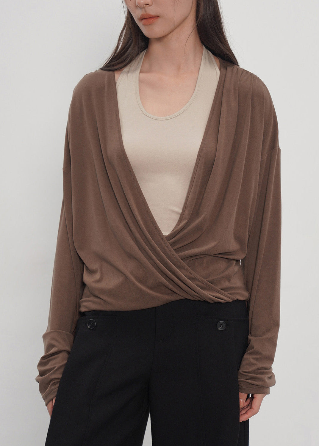 New Grey Fake Two-piece Spliced Neck Hanging Long Sleeved T-shirt Top