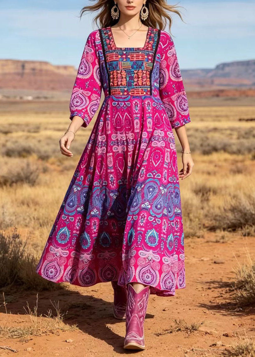 Rose Square Collar Print Cotton Long Dresses Summer