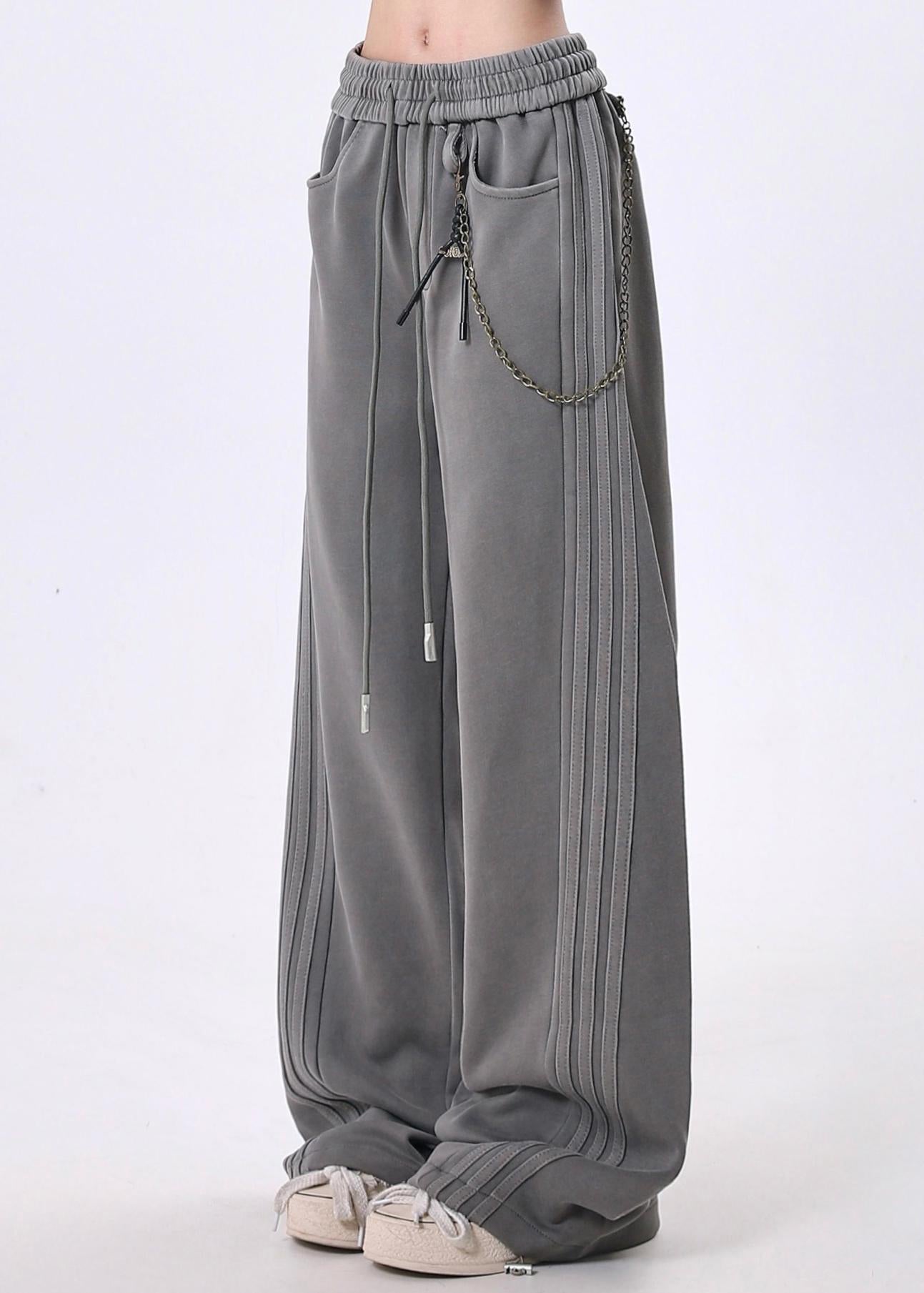 Grey Pockets Patchwork Elastic Waist Cotton Pants Spring