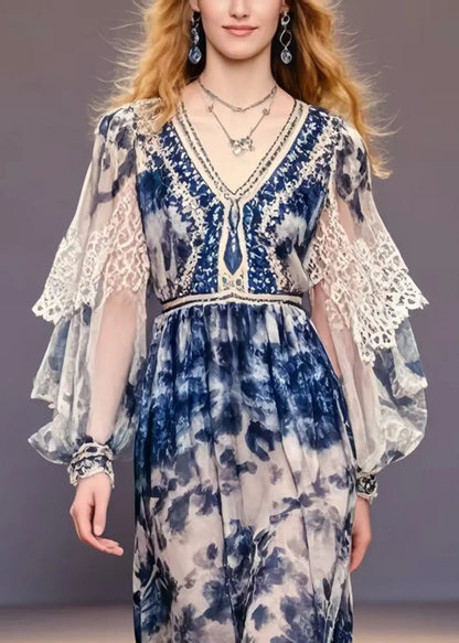 Navy Print Chiffon Party Dress Lantern Sleeve Spring