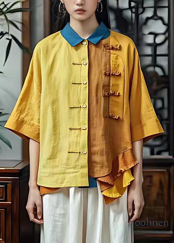 Yellow Peter Pan Collar Ruffled Patchwork Tops Half Sleeve