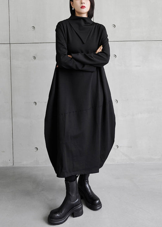 Black Asymmetrical Turtleneck Dress Long Sleeve
