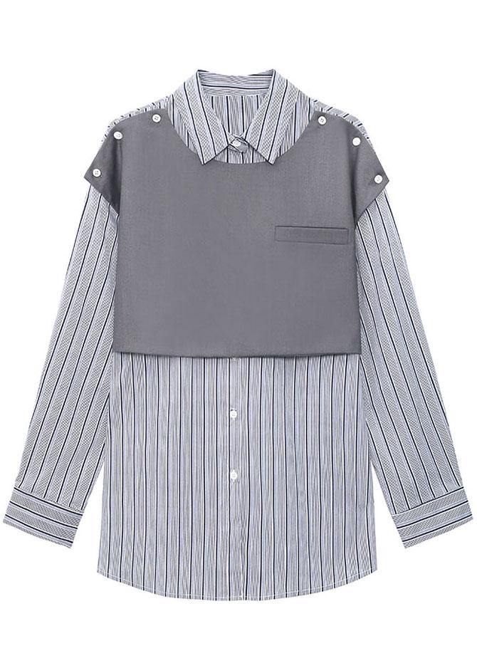 Grey Peter Pan Collar Button Fall Striped Shirt Long Sleeve