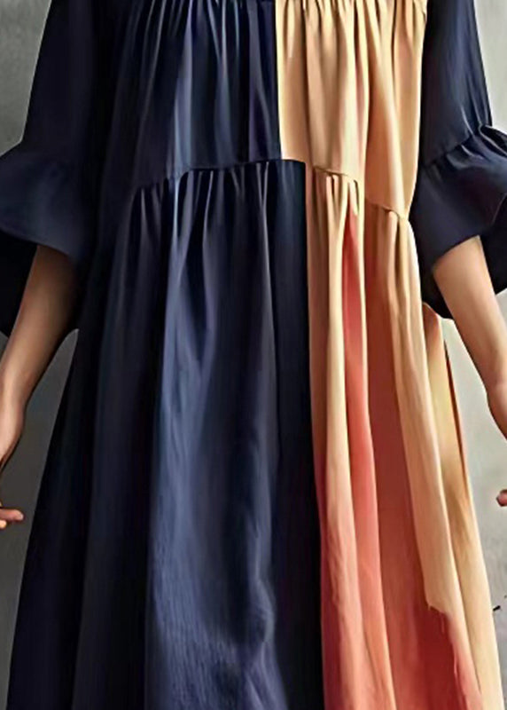Navy Patchwork Wrinkled Cotton Long Dresses Flare Sleeve