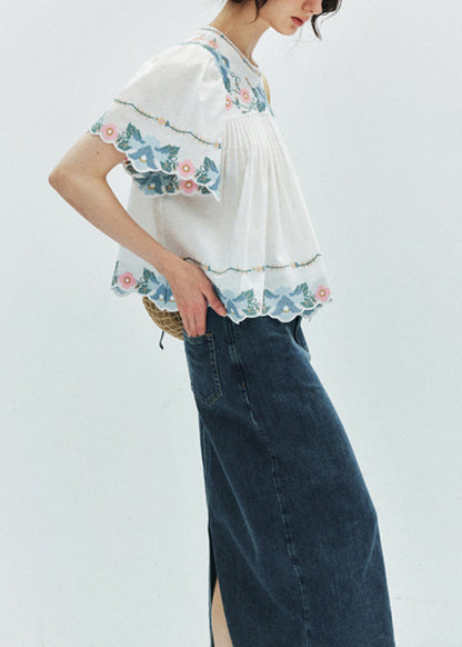 Yellow Embroidered Puff Sleeve Cotton Shirt Summer