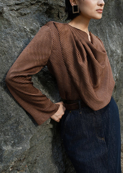 Original Design Brown O-neck Striped Cotton Blouse Fall