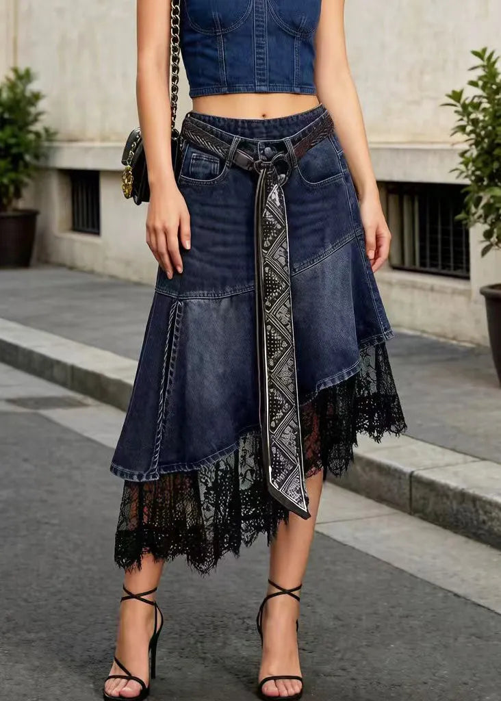 Denim Blue Patchwork Lace Skirt Low High Design Summer