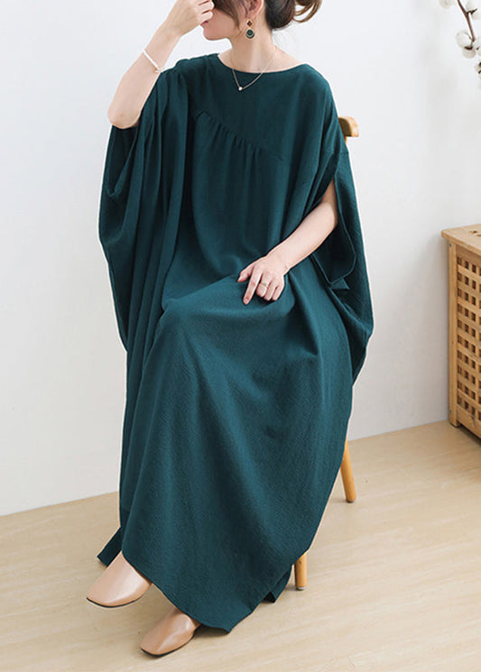 Green O-neck Asymmetrical Cotton Long Dress Short Sleeve