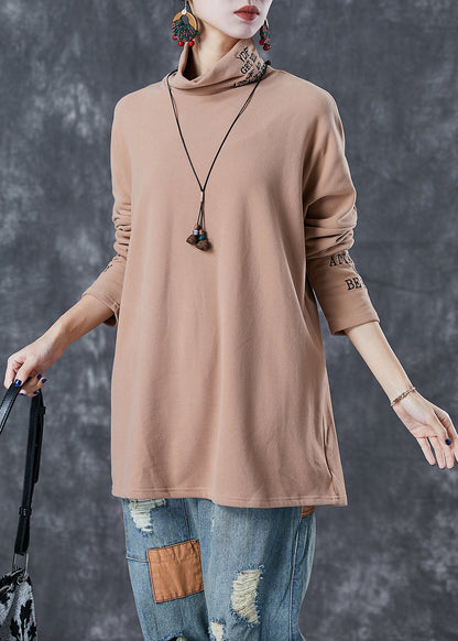 Khaki Turtle Neck Letter Embroideried Velour Tops Fall