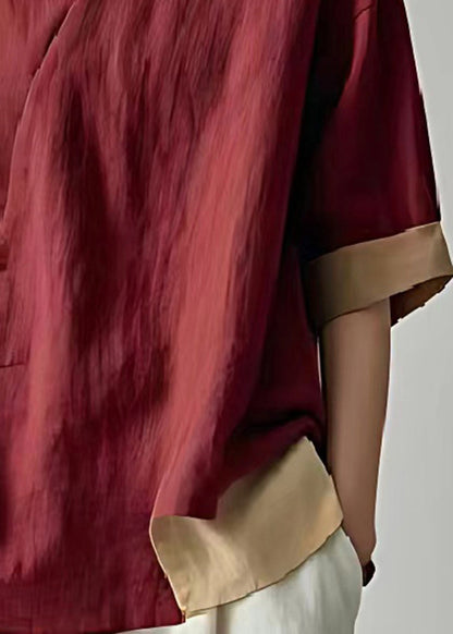 Dull Red Oversized Patchwork Linen Blouse Tops Summer