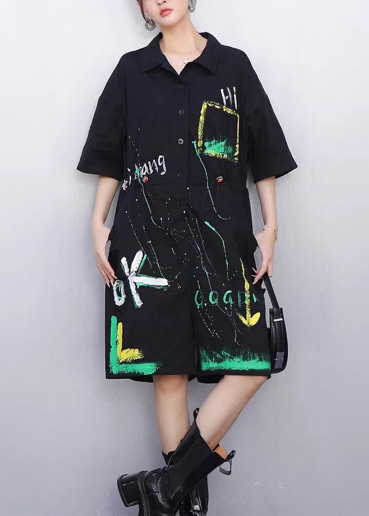 Whimsical Black Pockets Drawstring Cotton Jumpsuit Summer