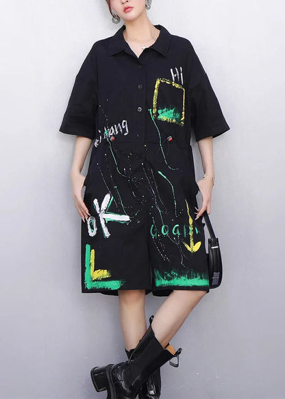 Whimsical Black Pockets Drawstring Cotton Jumpsuit Summer