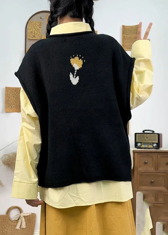 Diy Black O-neck Knit Waistcoat Fall