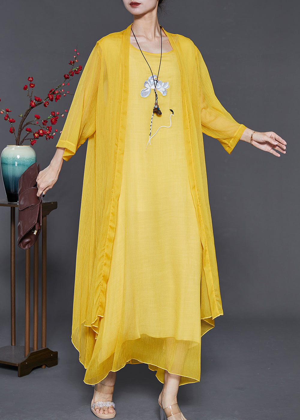 Yellow Embroidered Chiffon Two Pieces Set Summer