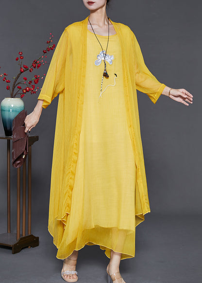 Yellow Embroidered Chiffon Two Pieces Set Summer