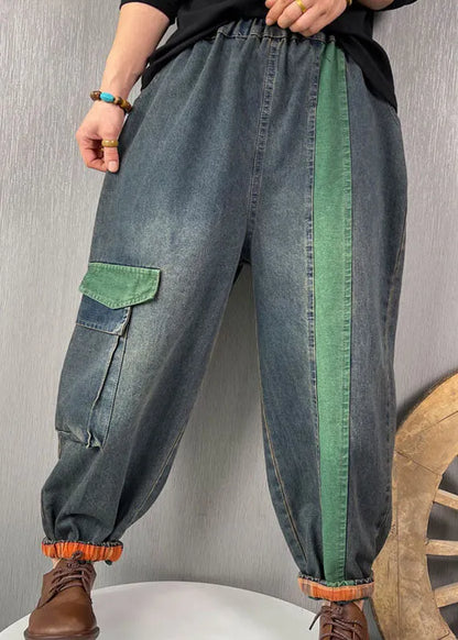 French Blue Patchwork Denim Pants Spring