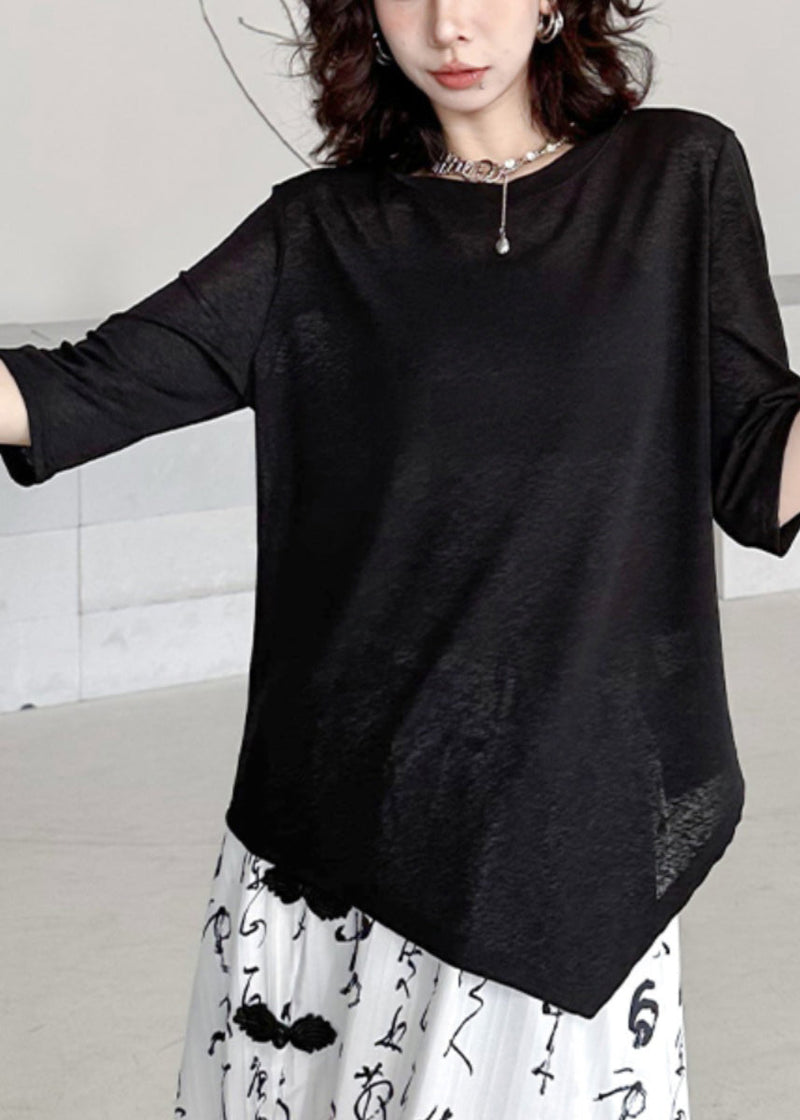 Black O-neck Asymmetrical Patchwork Cotton T Shirt Half Sleeve