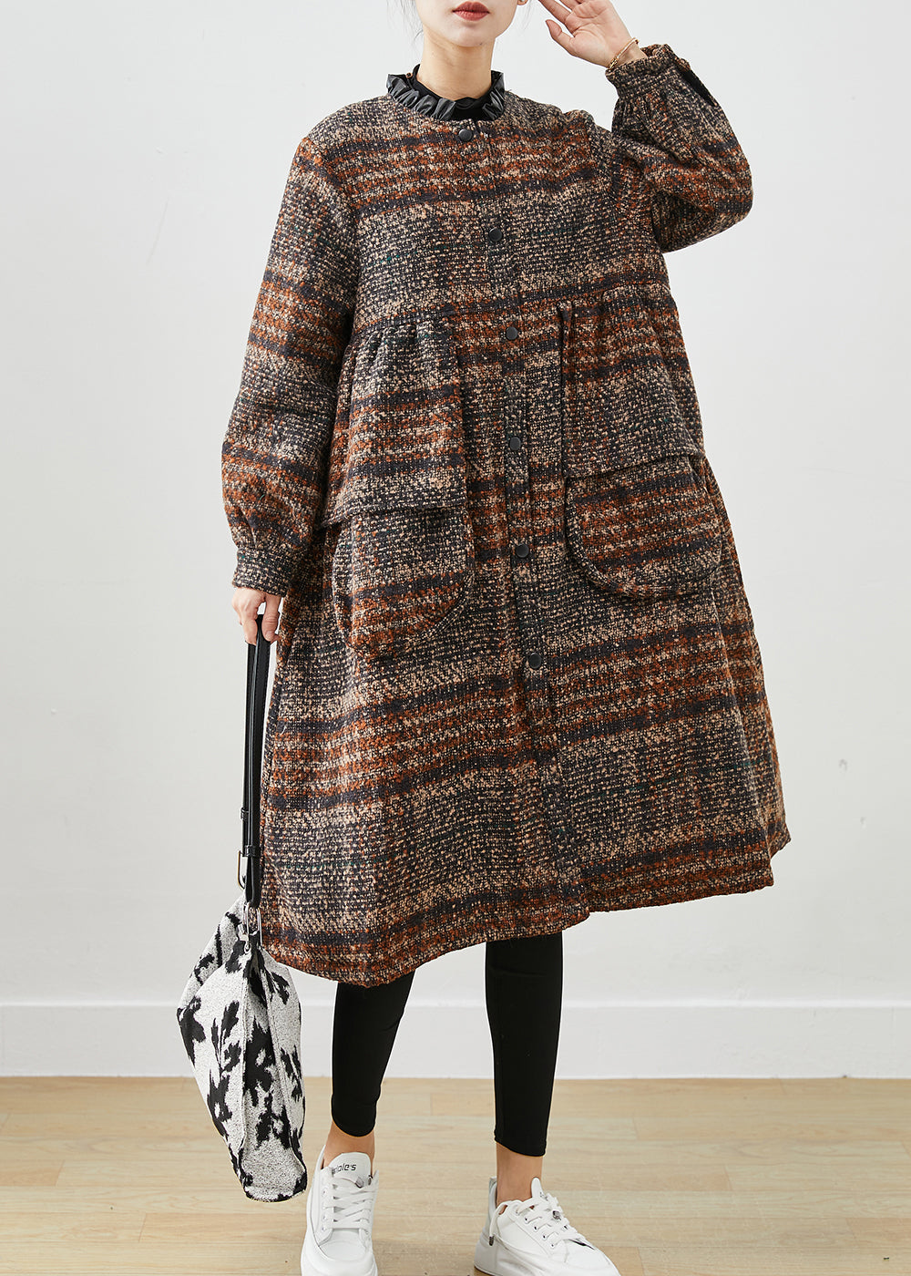 Classy Brown O-neck Oversized Thick Woolen Coats Fall