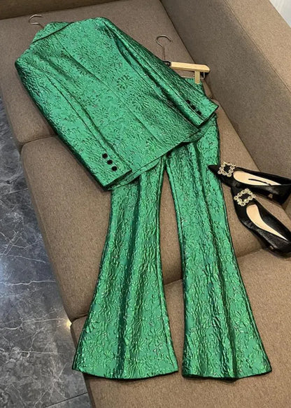 Boutique Green Coat and Pants Cotton Two Piece Set Outfits Fall
