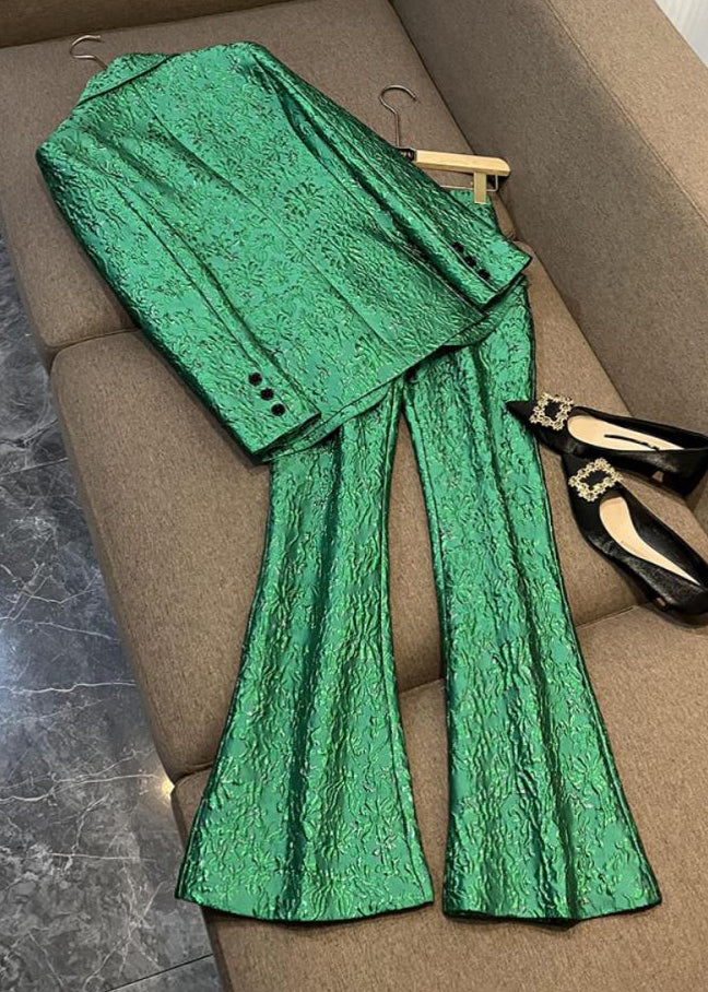 Boutique Green Coat and Pants Cotton Two Piece Set Outfits Fall