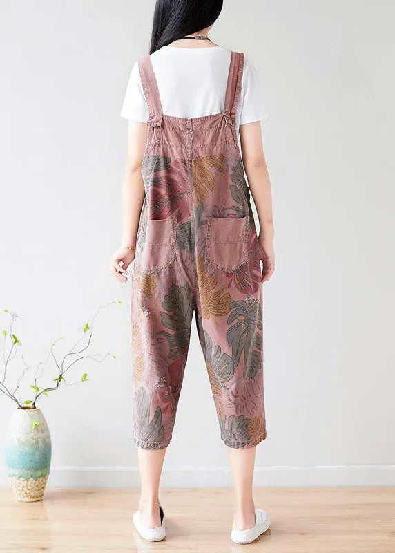 Brick Red Oversized Print Cotton Jumpsuit Spring