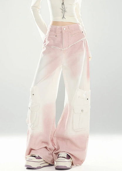 Pink Gradient Color Pockets High Waist Denim Pants Spring