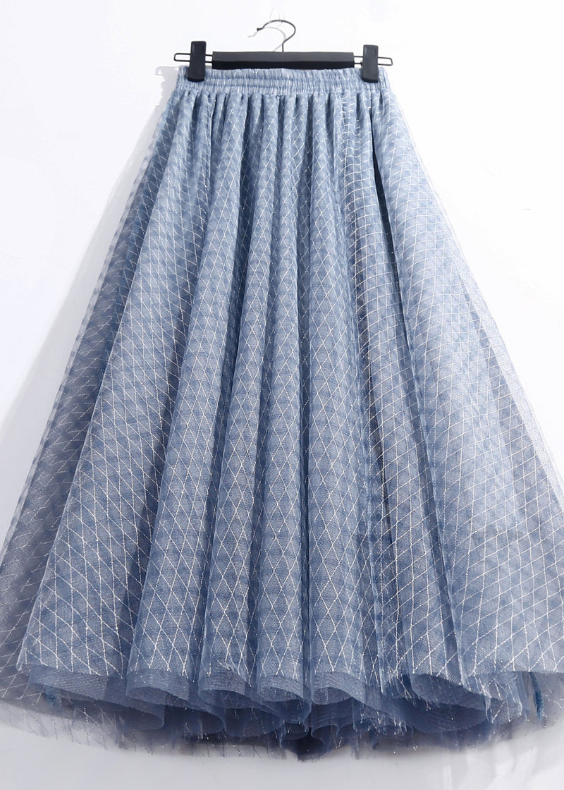 Blue Elastic Waist Plaid Tulle a Line Skirts Spring