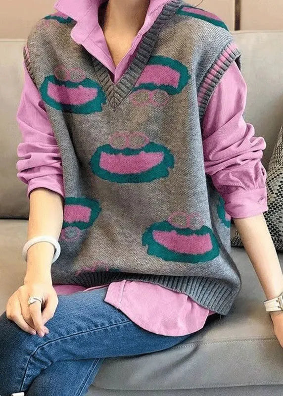French Rose Peter Pan Collar Shirts and Vest Knit Two Pieces Set Fall
