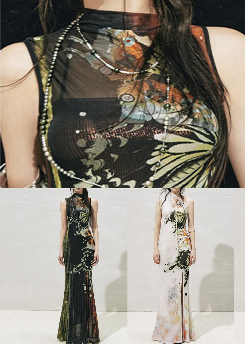 White Stand Collar Print Tulle Two Pieces Set Sleeveless