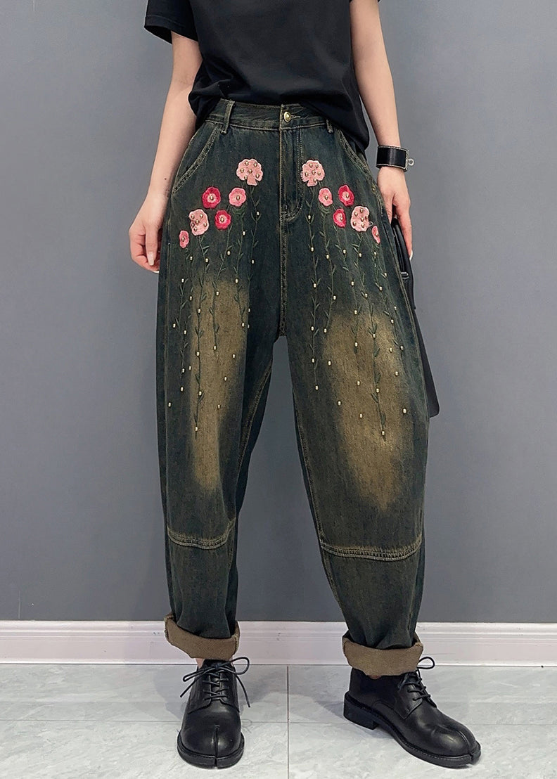 Rivet Patchwork Denim Pockets Harem Pants Fall