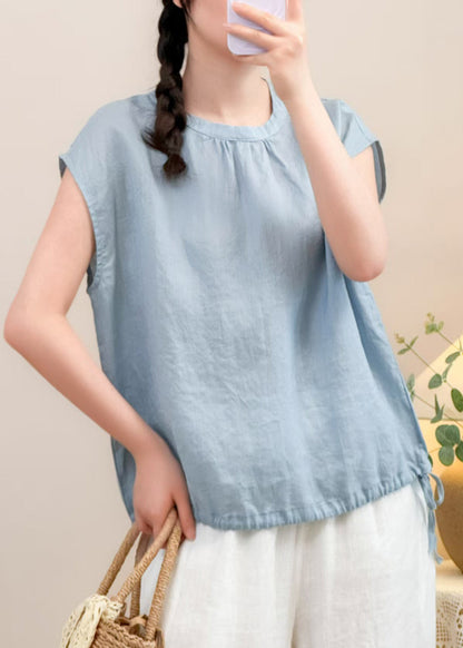 Blue Button Lace Up Linen Shirts Summer