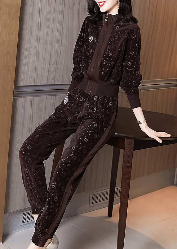 Coffee Zip Up Print Pockets Velour Two-piece Set Spring