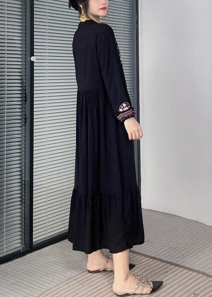 Black Tasseled Cotton Long Dress Embroidered Long Sleeve