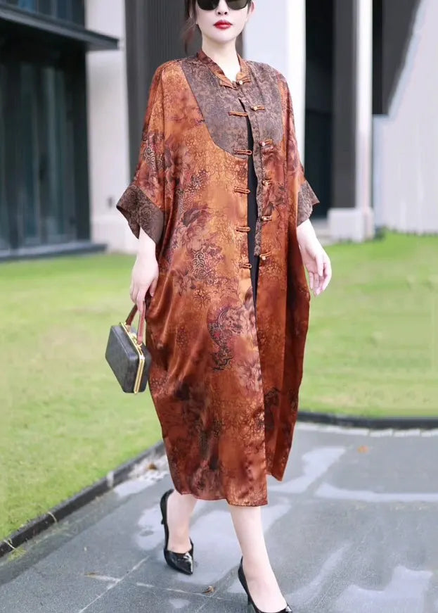 Loose Orange Button Patchwork Thin Silk Long Coats Bracelet Sleeve